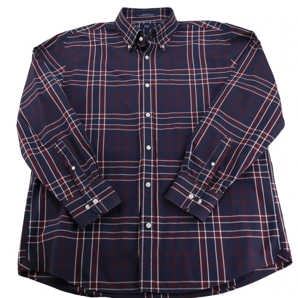 Lincs‎ David Chu Mens XL Navy Blue Burgundy Plaid Cotton Button Down Shirt LS